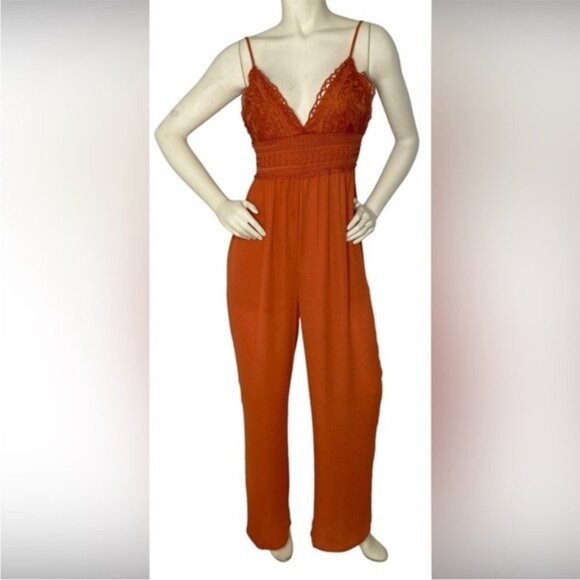 Blashe Burnt Orange Crochet Cross-Back Halter Wide-Leg Jumpsuit Size Large - Picture 2 of 14